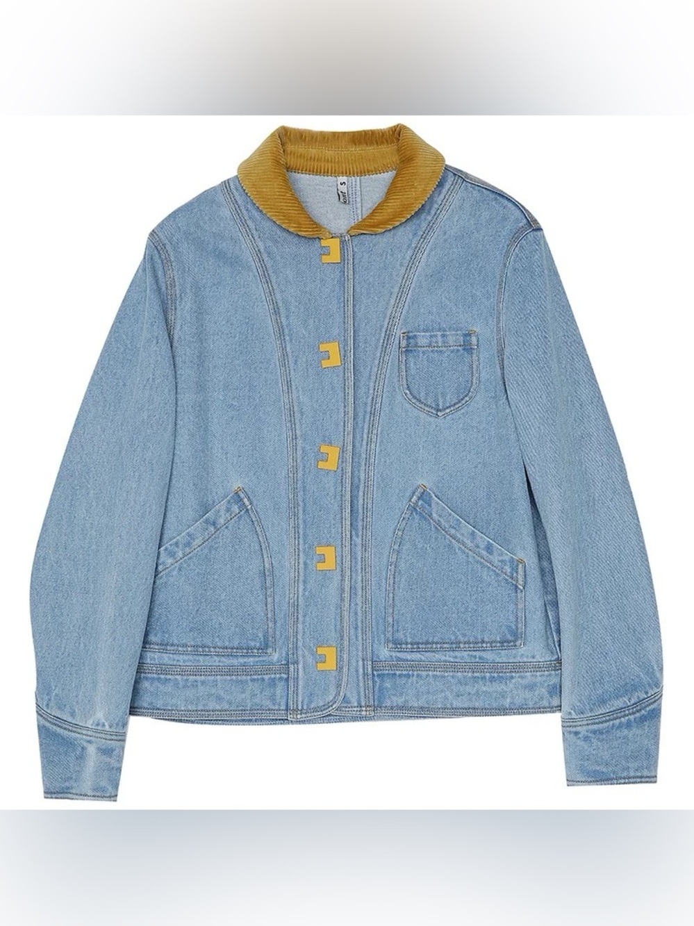 Woman Light Wash Denim Jacket with Mustard Corduroy Collar - Picture 11 of 15